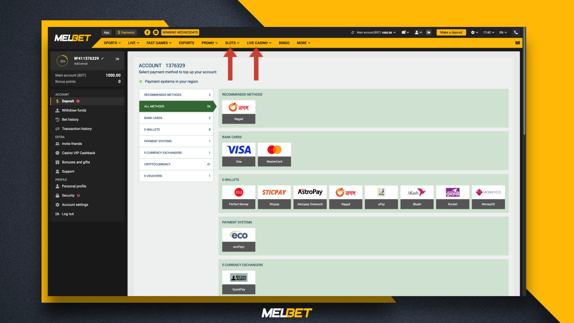 Melbet Bangladesh payment methods page