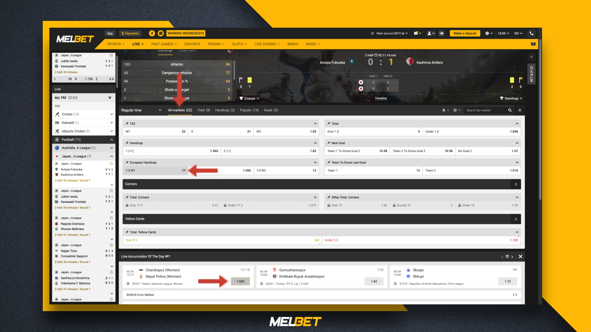 Selecting bets and odds on the Melbet website