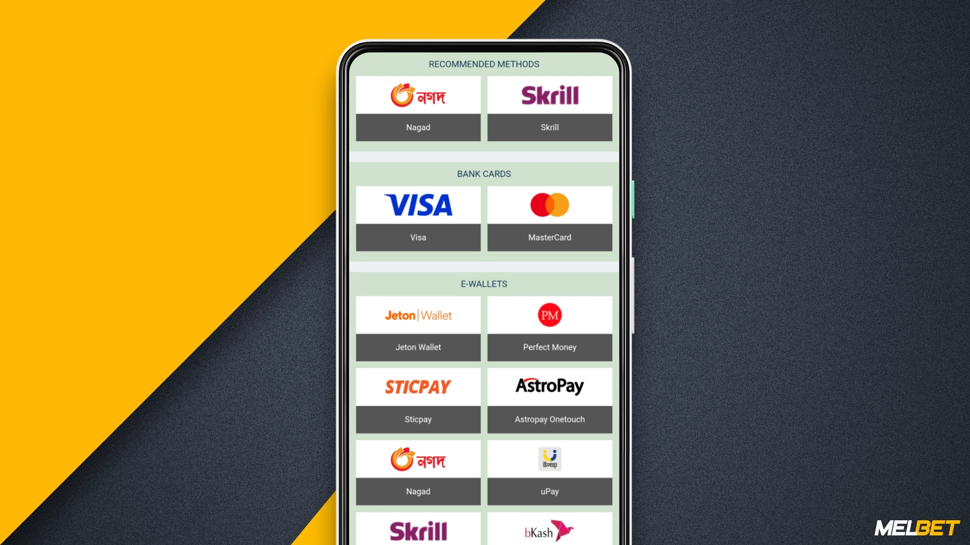 The Melbet mobile app has a wide range of payment systems that can be used to make deposits or withdrawals