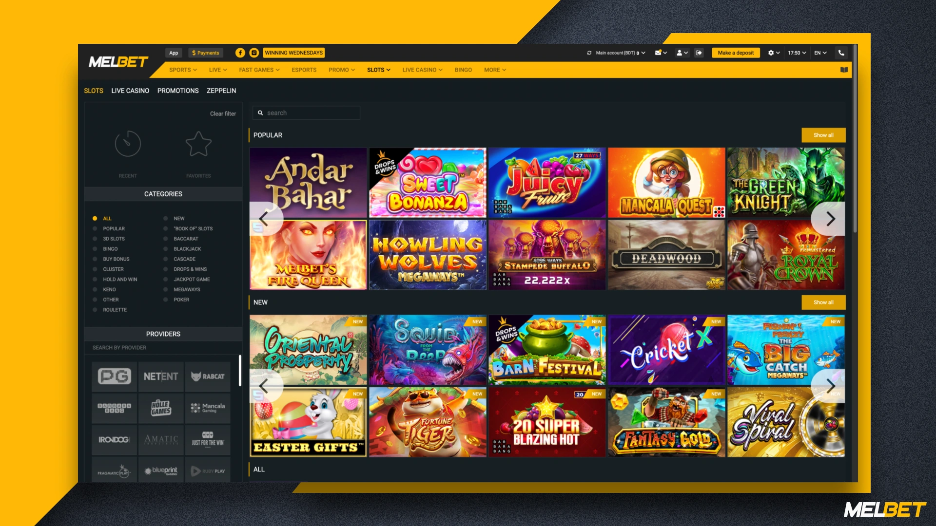 Slots are very popular among players, so the first thing we recommend to pay attention to them in the casino Melbet