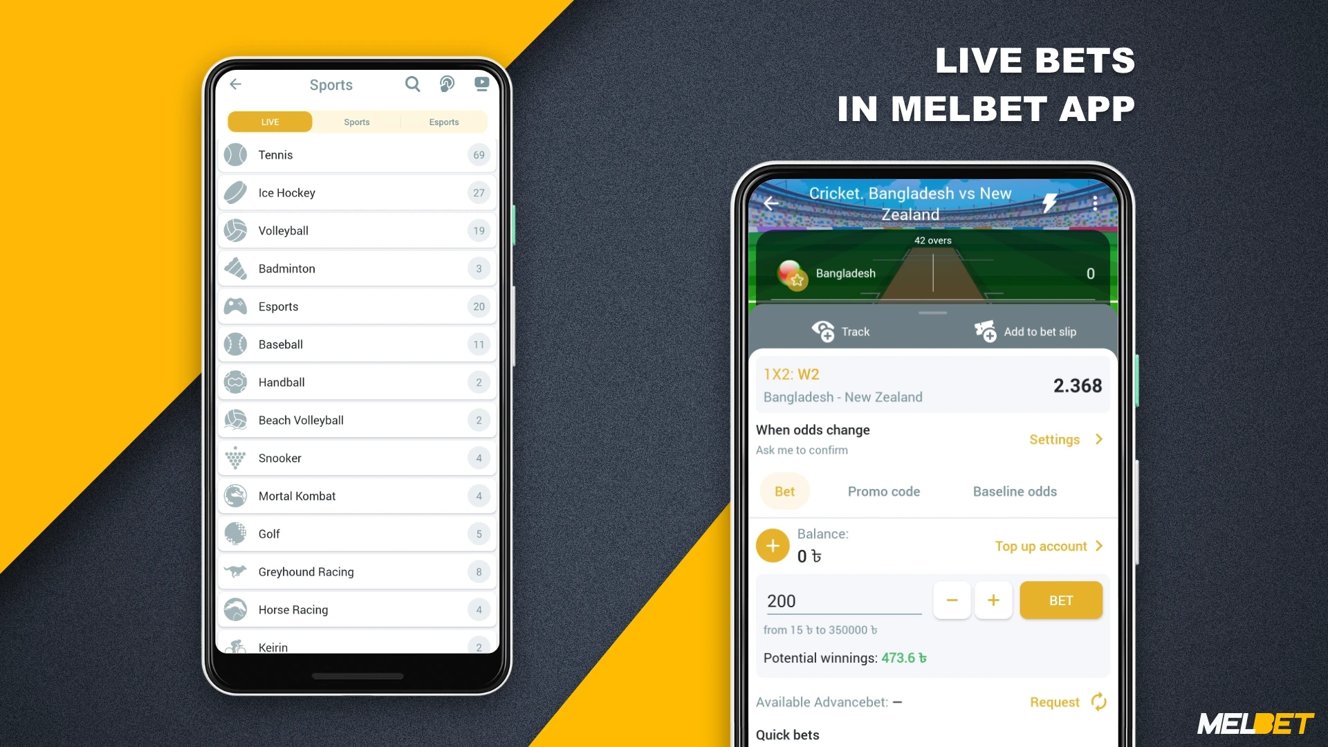 Live bets on various sports are available on the Melbet mobile app for users from Bangladesh